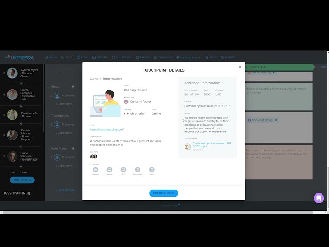 The touchpoints section in UXPressia's CJM tool