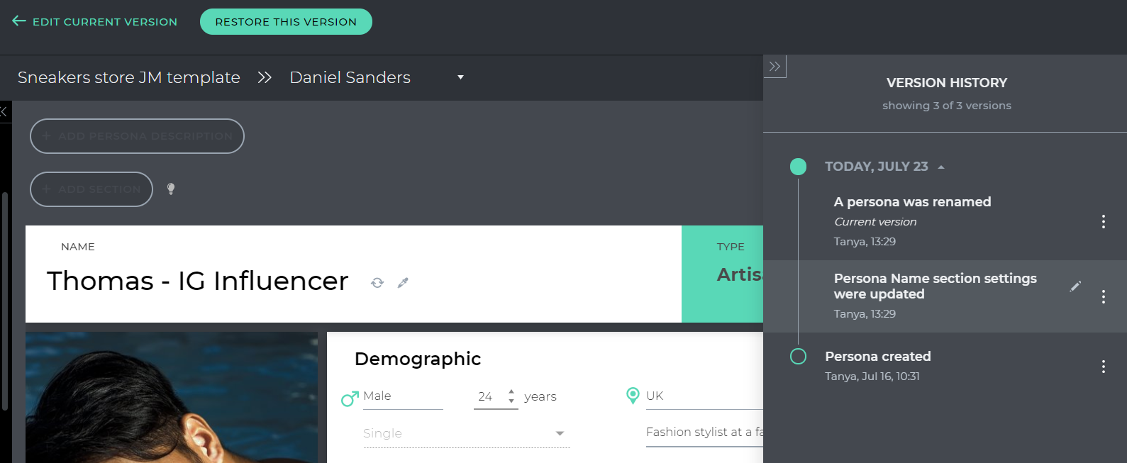 See how version history works in UXPressia