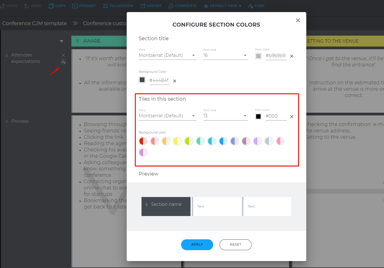 section tile font settings uxpressia