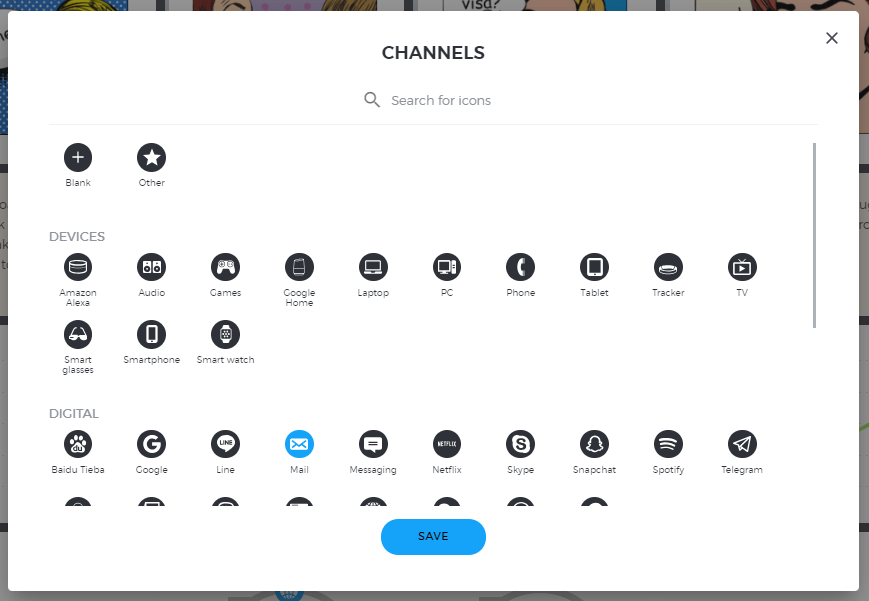 Icons for the channels section in UXPressia