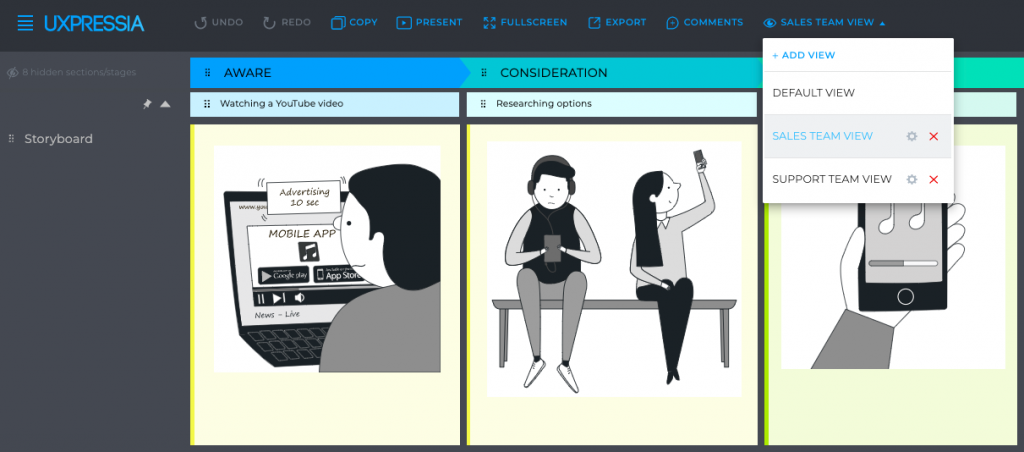 UXPressia customer journey map presentation tips - different views