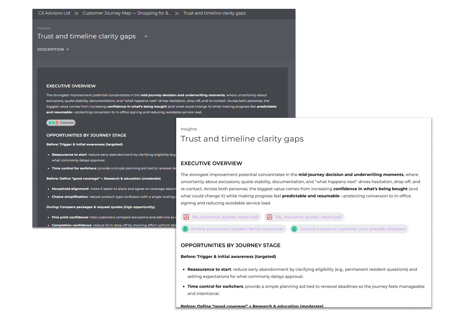 AI generated deliverables with links to sources in UXPressia