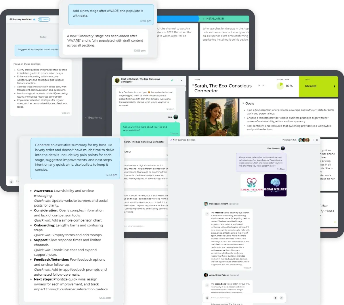 Communicating with customer personas and journey maps using AI simulations