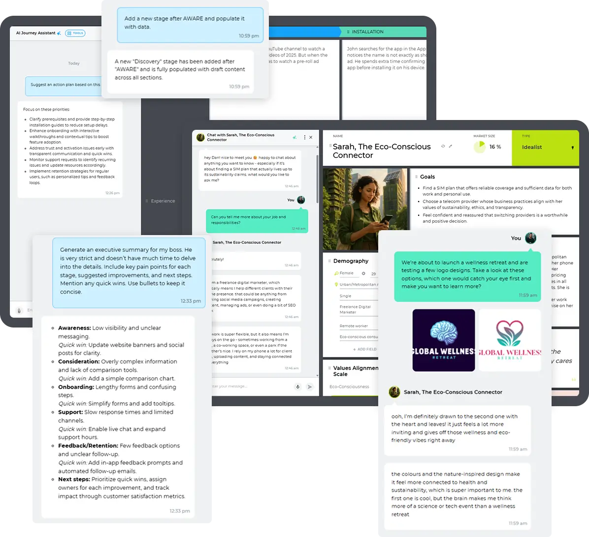 communicating with customer personas and journey maps using AI simulations